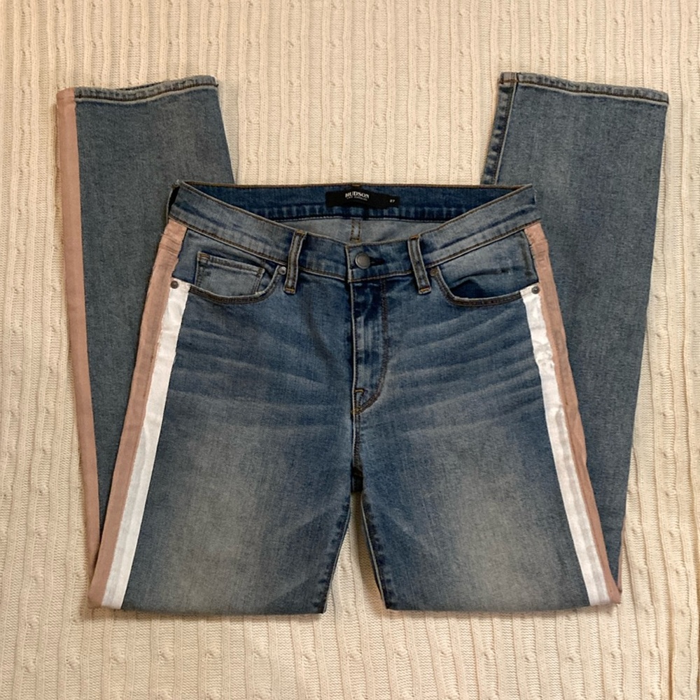 Hudson Los Angeles Nico Cigarette Jeans ~ 27 ~ Light Blue Wash with Stripes